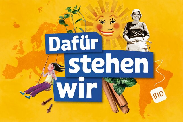 SONNENTOR Illustrationen und Foto einer SONNENTOR Bäuerin mit Text "Dafür stehen wir" und Bio-Hinweis | © SONNENTOR