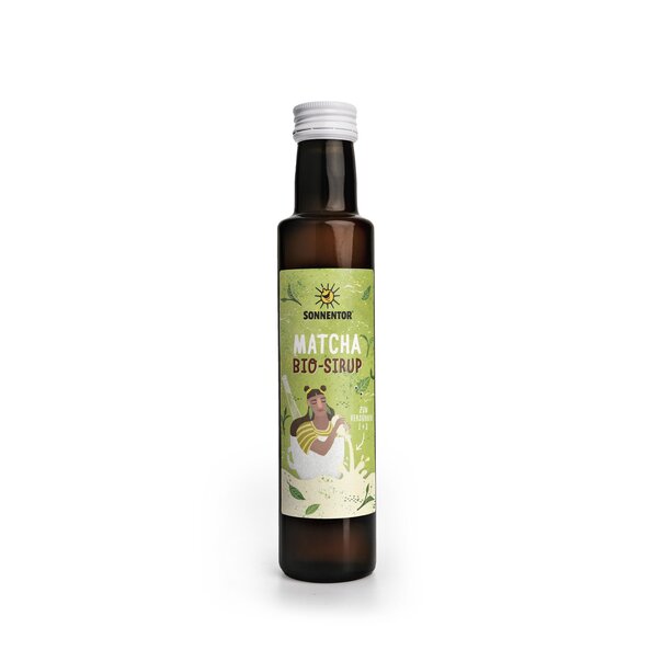On the bottle, a green label depicts a woman in a cup, swimming in a green lake and pouring matcha syrup into it from a bottle.