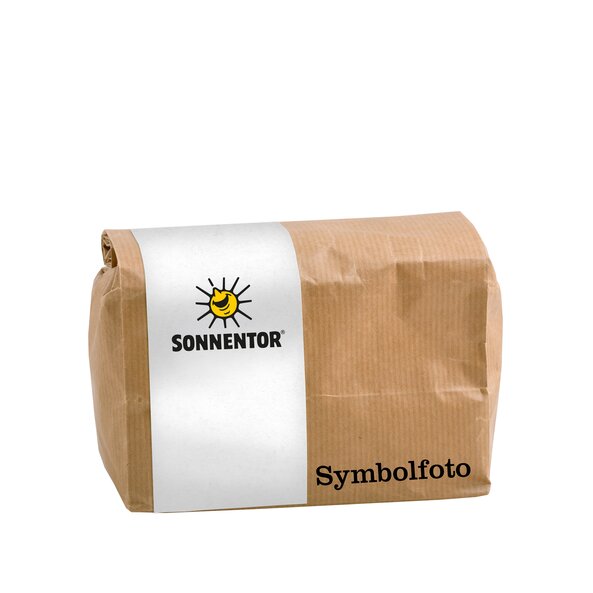 Foto einer braunen Großpackung Senfkörner gelb ganz.